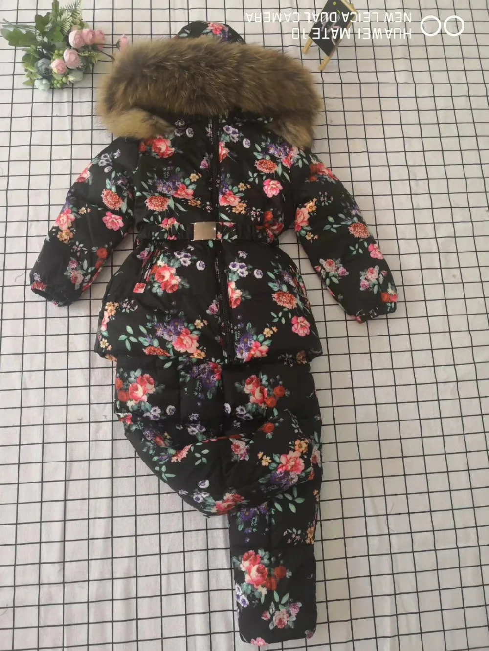 Real raccoon fur winter jacket child suit jacket+pant twinset boy& girl ski suits children down jacket outerwear parka