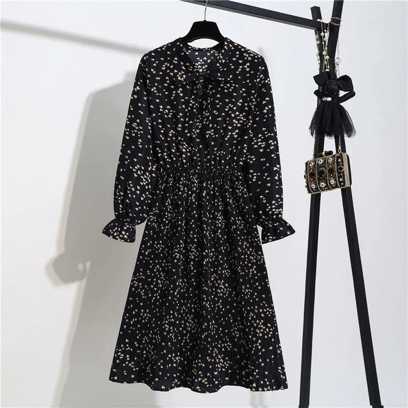 

Women Elegant Casual Summer Floral Print Pleated Dress Vintage Bow Collar Long Sleeve Chiffon Dress 2021 New Fall Robe Femme