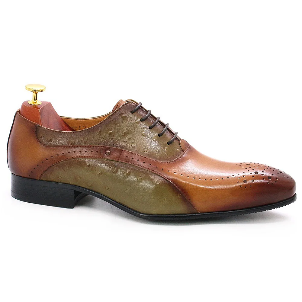 

Italian Men Dress Shoes Genuine Calf Leather Green Brown Ostrich Pattern Pointed Toe Lace-Up Brogue Oxford Wedding Shoes for Men