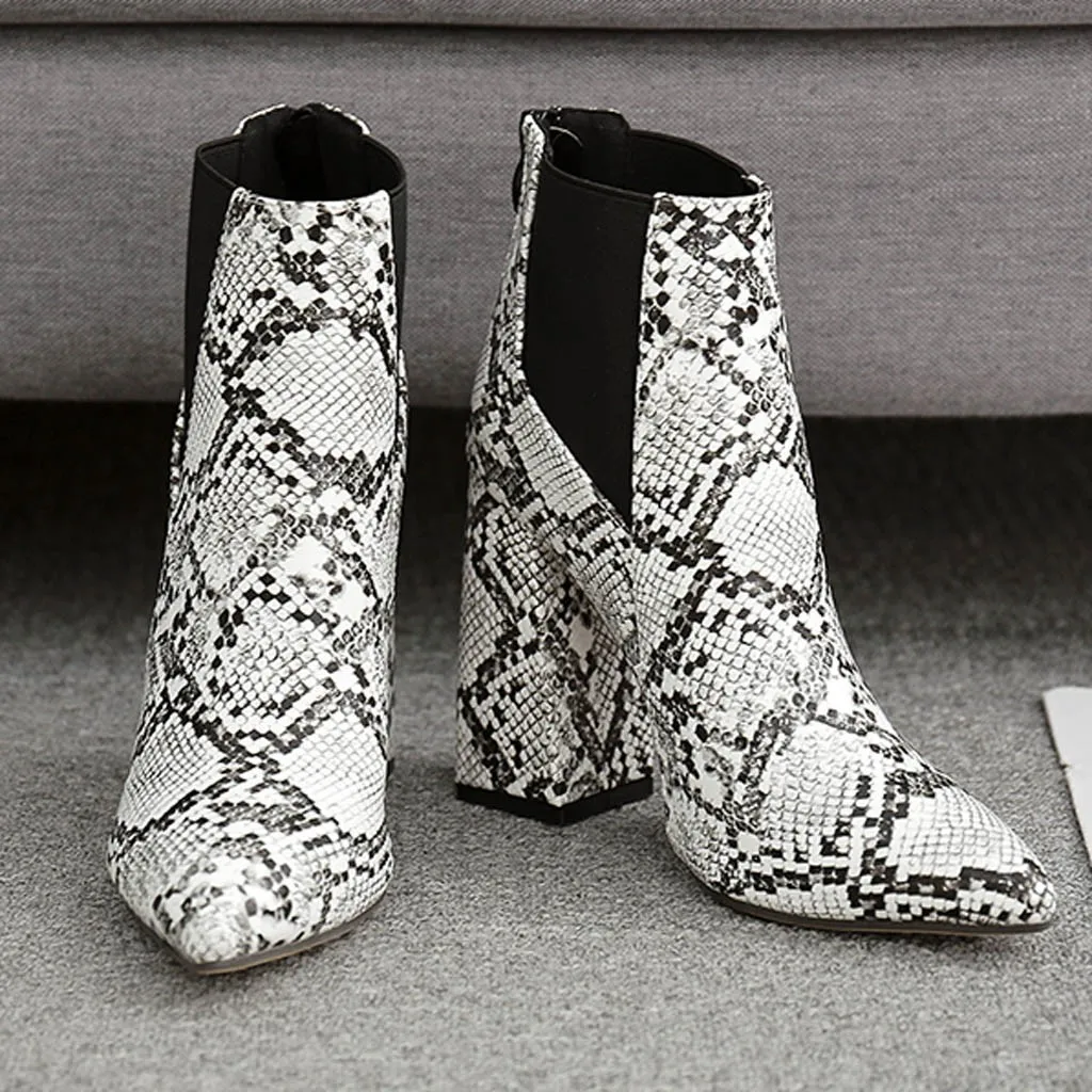 Женские ботильоны на толстом каблуке ботинки высоком со змеиным принтом и