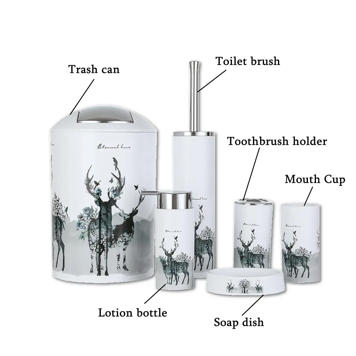 Nordic 6Pcs/Set Printing Bathroom Accessory Set Lotion Dispenser Toothbrush Holder Tumbler Cup Soap Dish Toilet Brush Trash Ca