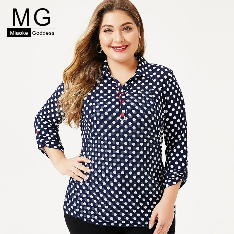 Женская одежда больших размеров 2019 г. Осень новые точки с принтом Turn Down Воротник