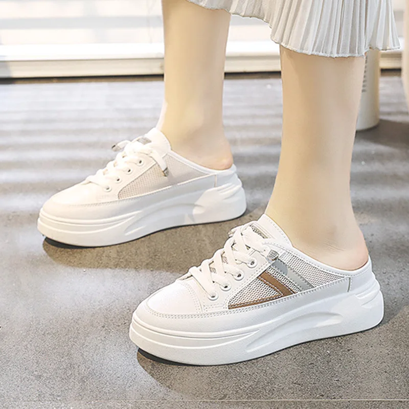

Fashion white shoes female 2021 new style increased wild flat-bottomed summer thin section Baotou half slippers
