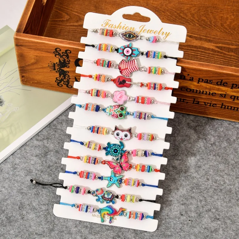 

12Pcs/Set Boho Polymer Clay Animal Alloy Bracelets Hand-Woven Children's Bracelets For Girl Gifts Fashion Jewelry Accessories