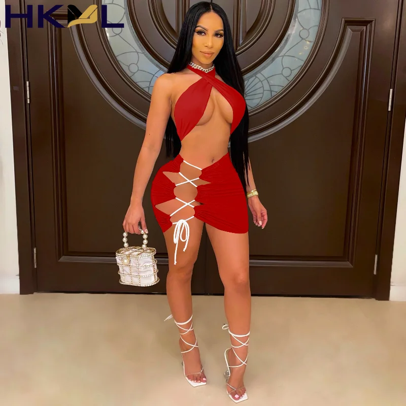 

Женский комплект из двух предметов, летний клубный комплект, топ с открытой спиной и мини-юбка на шнуровке, женский спортивный костюм, подхо...