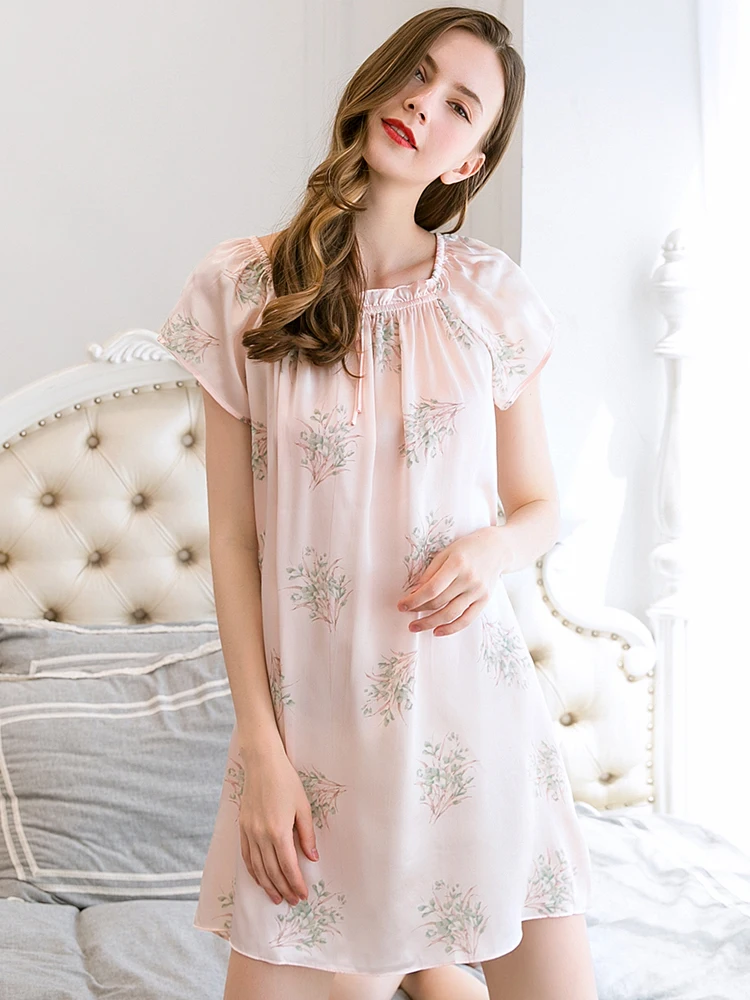 100% Real Silk Nightdress Pure Silk Nightgowns Summer Bedgown Pink Printed Women Sleepwear Cute Retro Natural Silk Dressing Gown