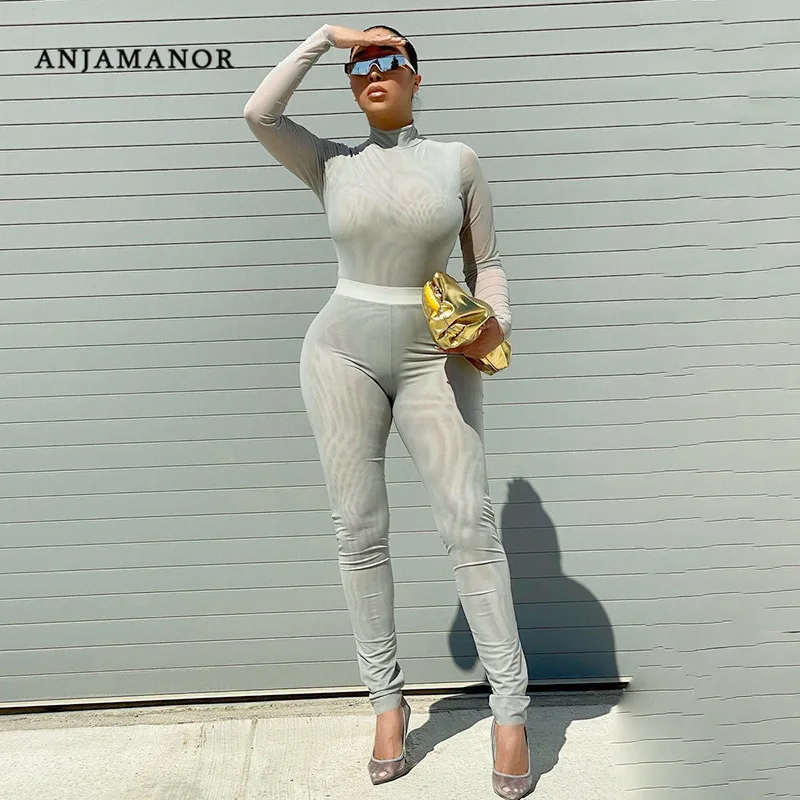 

ANJAMANOR Sexy 2 Piece Set Womens Clubbing Night Out Outfits Sheer Mesh Long Sleeve Bodysuit Leggings Wholesale Items D85-CG30