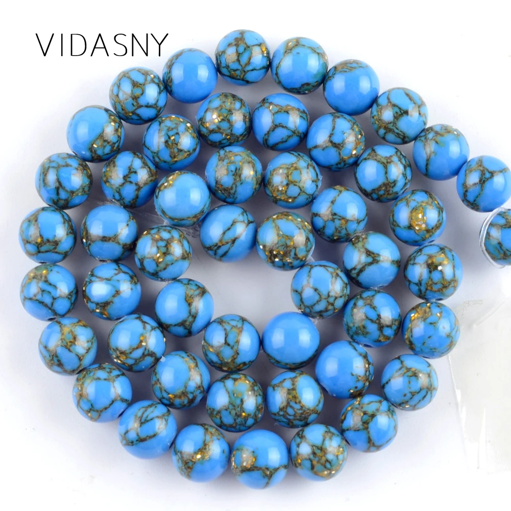 

Blue Gold Line Turquoises Natural Gem Round Stone Beads For Jewelry Making 4 6 8 10mm Spacer Beads Diy Bracelet Necklace 15''