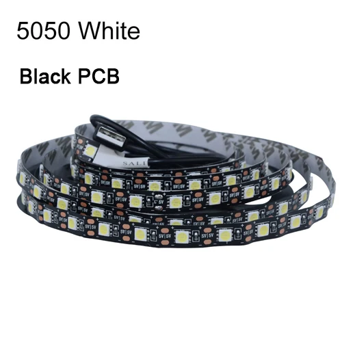 Black PCB White Светодиодная лента с питанием от USB, 5 В, Светодиодная лента USB 5050, 50 см, 1 м, 2 м, 3 м, 4 м, 5 м, освещение для ТВ фона, белый, черный, pcb 60 Светодиодный s/M настольная декоративная лампа - Испускаемый цвет: Black PCB White