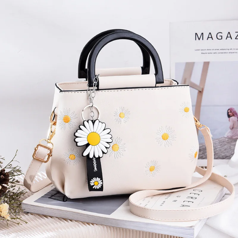 

High Quality 2020 PU Leather Embroidery Daisy Female Bucket Bags New Brand Handbags Lady's Shoulder Handbag Women's Handbag