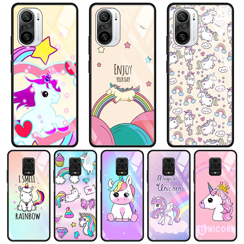 

Unicorn Dolls Tempered Glass Shell For Xiaomi Redmi Note 9S 8 9 7 10 8T K40 K30 Pro 8T 9C 9A 8A 7 Cover Silicone Shell Fundas