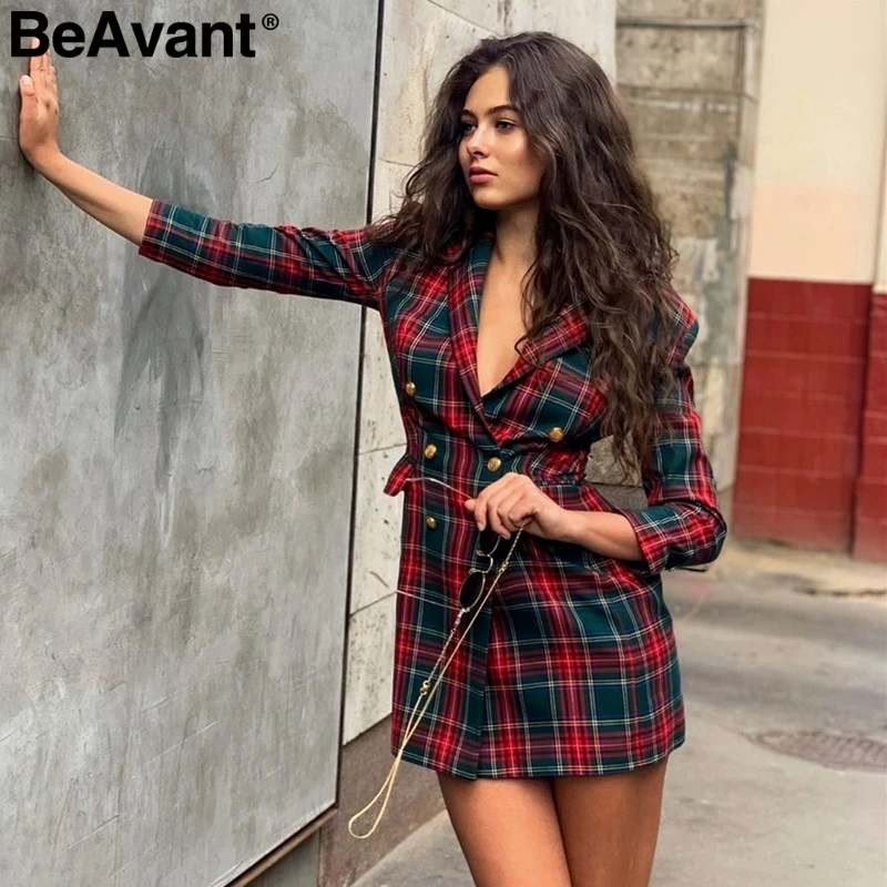 Женское хлопковое клетчатое платье BeAvant элегантное двубортное прямое офисное с