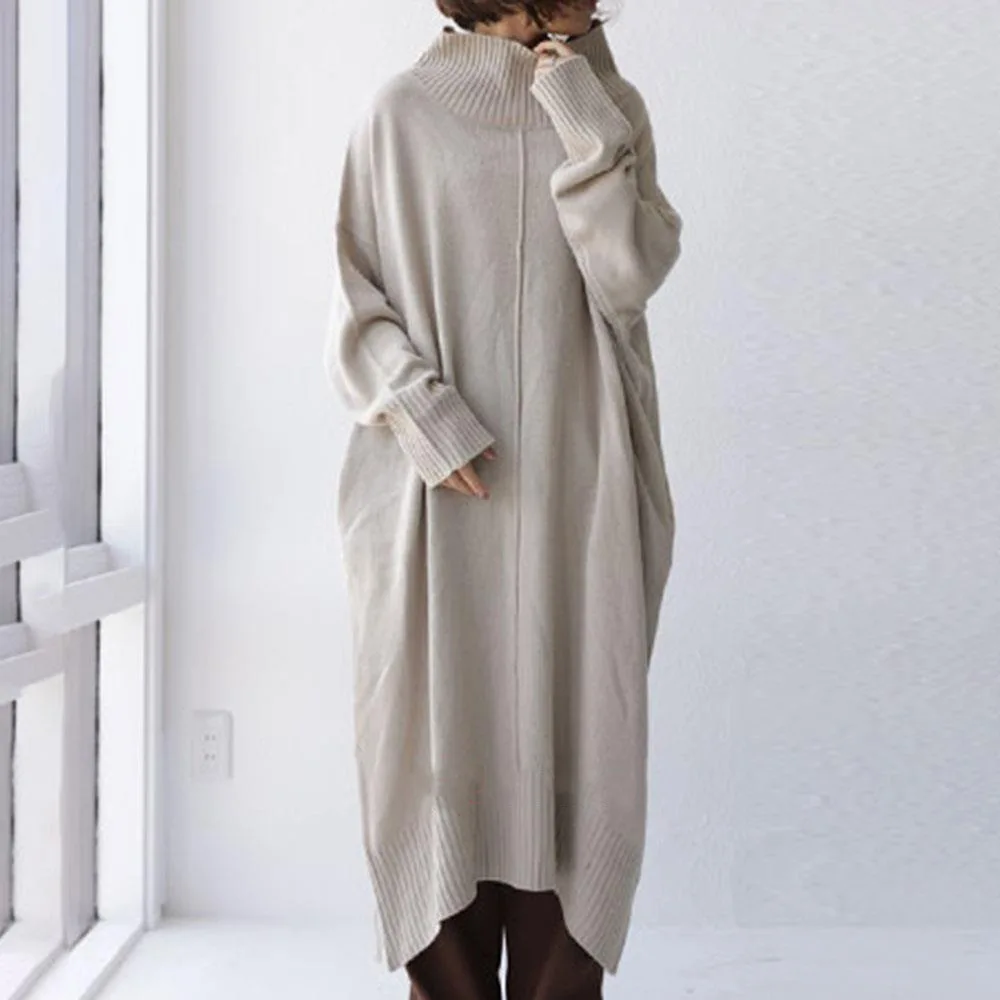 

Autumn Winter New Solid Thin Soft Loose Plus Size Turtleneck Sweater Women Long Knitted Dress for Women Donsignet