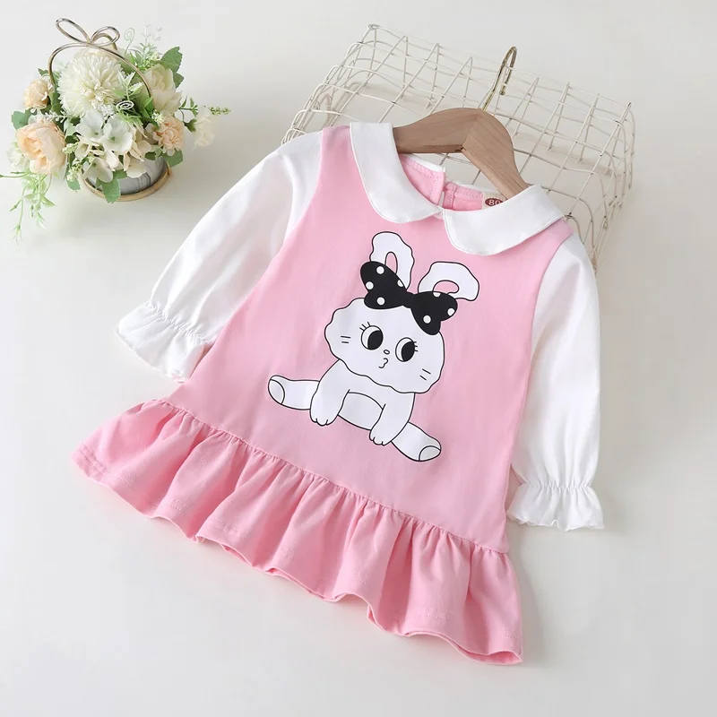 

New Baby Girl Clothes Winter Fall Sweet Cute Cartoon Animal Rabbit Patchwork Long Lantern Sleeve Doll Collar Princess Girl Dress