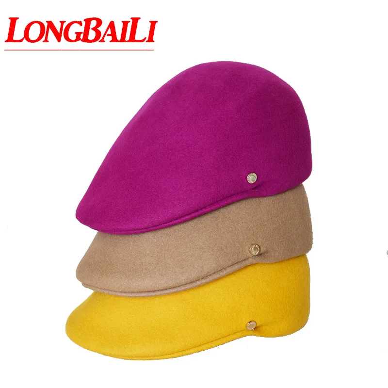 Зимние однотонные желтые шерстяные шляпы PWFR036 с козырьком для женщин