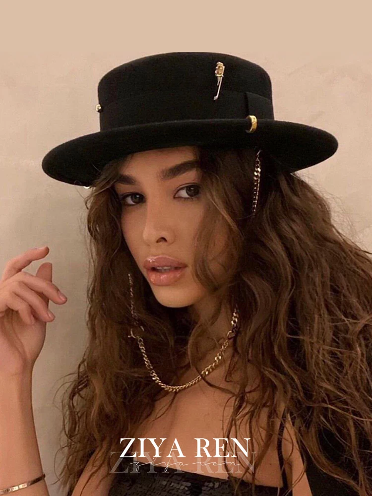New Pin Top Women Fedoras Hat Female British Vintage Autumn Winter Wool Flat Cap Socialite Jazz Fedora Hat Europe Wild Chain Hat
