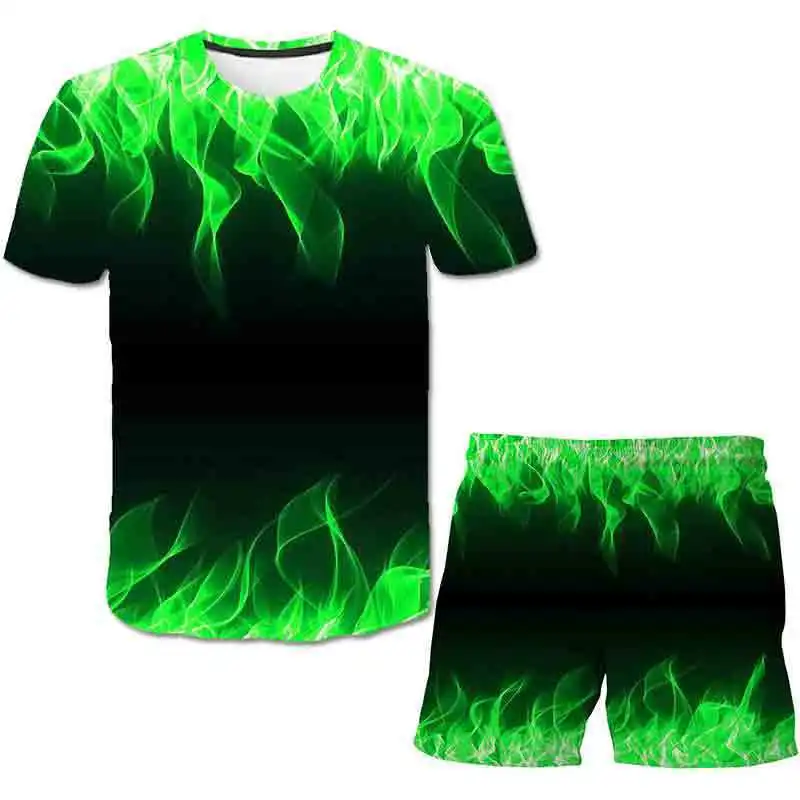

2021 Summer Flame Men's/Ladies Clothing Set Men's Summer Printed T shirt Ladies Top Shorts +t-shirt Flame 3DT Shirt Set