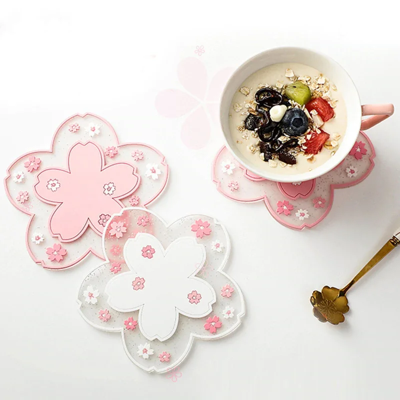 

Silicone Cherry Blossom Heat Table Mat Tea Coffee Drink Cup Cute Coaster Non-slip Pad For Kitchen Drying Dishes Mat Pot Placemat