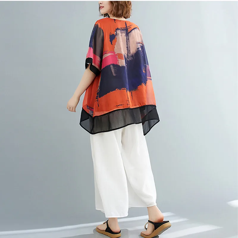 

BIG SIZE Summer Women Fashion Elegant Print Spliced Tops Female Ladies Plus Large Short Sleeve Casual Loose Chiffon Blouse Shirt