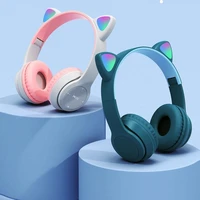 cute cat ears flash light wireless headphone with mic can control led kid girl stereo music helmet phone headset gift excellent
