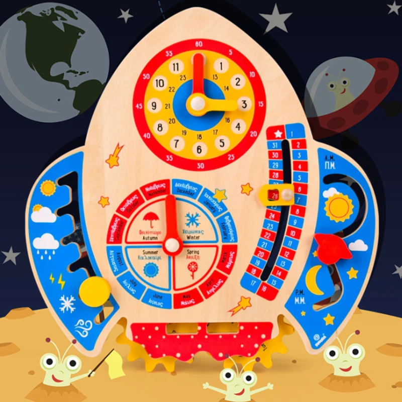 

Children Rocket Calendar Weather Clock Educational Learning Puzzle Board Wooden Clock Toys Early Preschool Teaching Aids Toy Kid