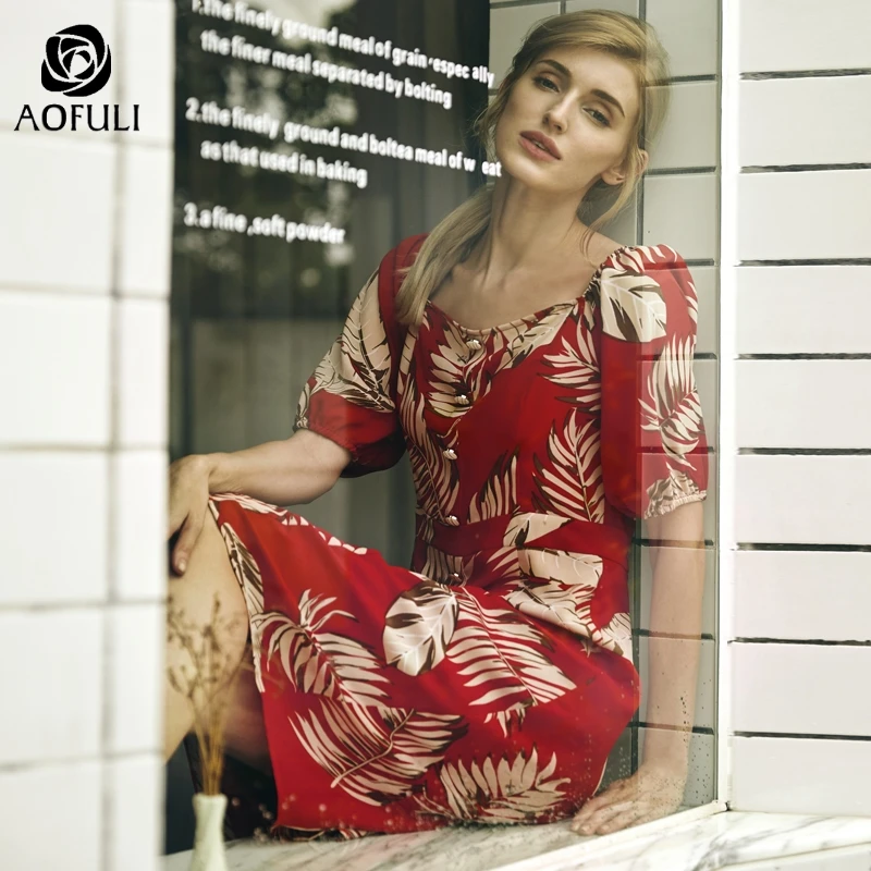 AOFULI L-4XL 5XL платье с принтом и коротким рукавом женское весенне-летнее квадратным