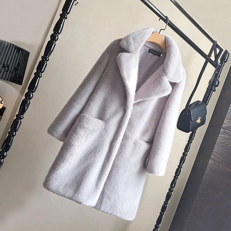 Women Mink Faux Fur Coat Solid Female Turn Down Collar Winter Warm Fake Fur Lady Coat Casual Jacket Turn Down Collar Casaco