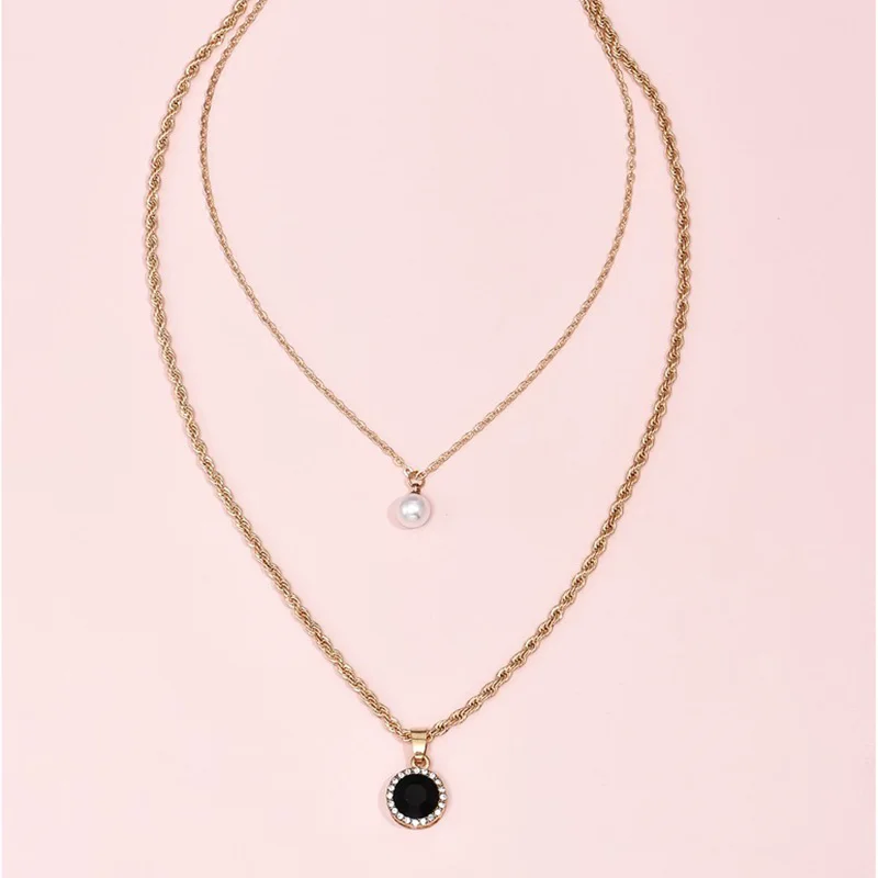 Цепочка Женская двухслойная черная в стиле ретро Хрустальная жемчужная подвеска