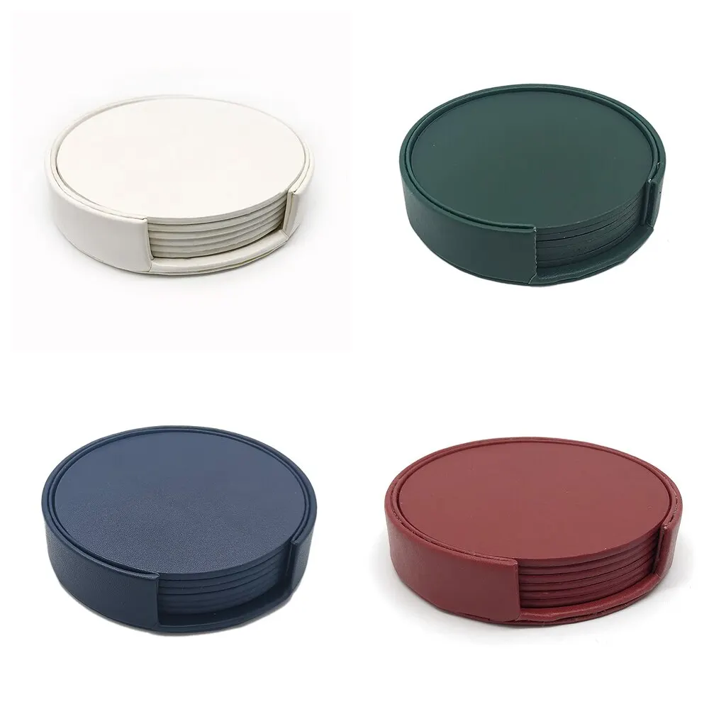

6PCS Hot Sale PU Leather Marble Coaster Drink Coffee Cup Mat Easy to Clean Placemats Round Tea Pad Table Pad Holder