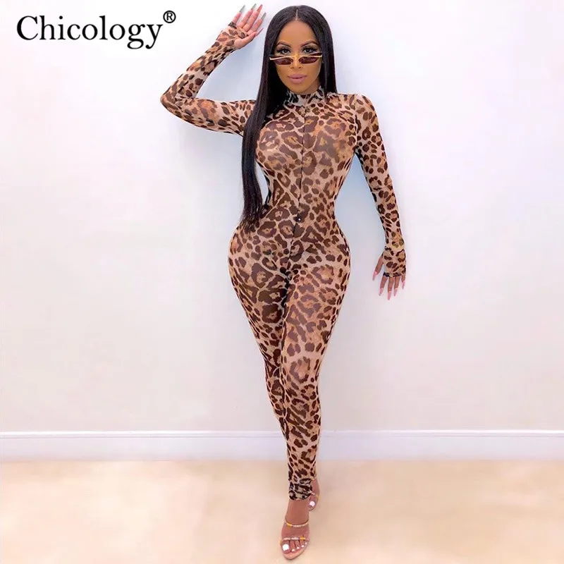 Женский сетчатый комбинезон с длинным рукавом леопардовым принтом| |