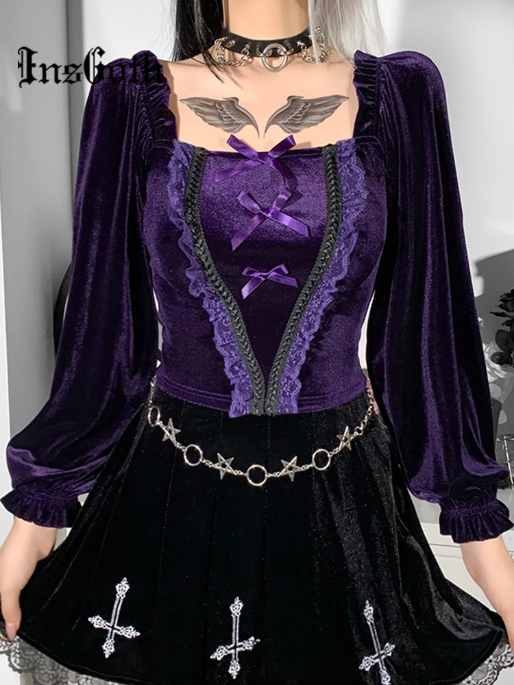 InsGoth Vintage Purple Velvet Bow T-Shirt Goth Aesthetic Punk Lace Trim Long Sleeve Cropped Tops Elegant Women Autumn Winter Tee | Женская
