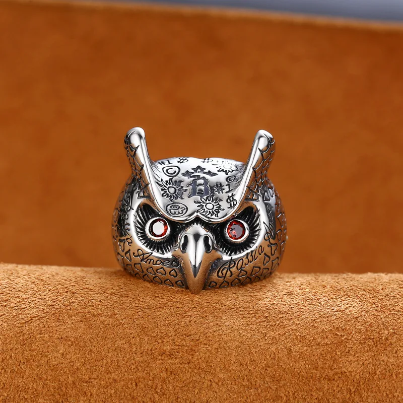 Owl Ring S925 Sterling Silver Personality Retro Men and Women Exaggerated Devil's Eye Opening  Graffiti Thai Silver Ring Jewelry