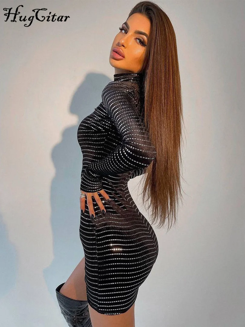 Hugcitar Блестящий сверкающий Водолазка с длинным рукавом облегающее сексуальное