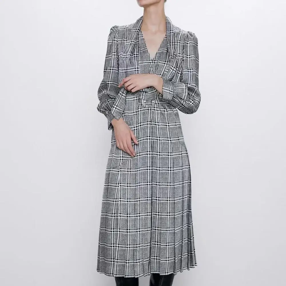 Женское платье с поясом ZA серое клетчатое длинное длинным рукавом и бантом на шее