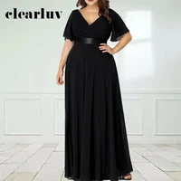 solid black special occasion dress dr1537 1 double v neck short sleeve evening dresses a line robe de soiree elegant party gowns