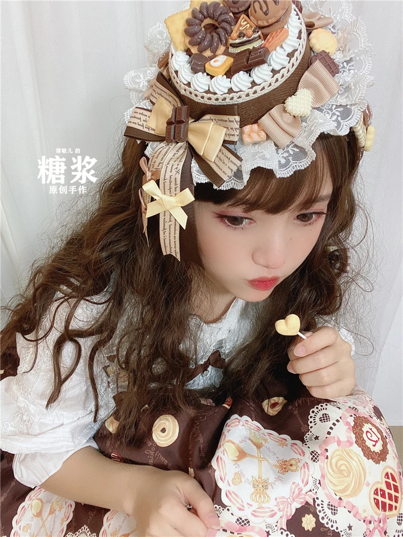 

Cute Chocolate Cake Topper AP Cake Dessert Cookies Hairpin Top hat Lolita princess Cosplay Cream Biscuit Side Clip Headdress