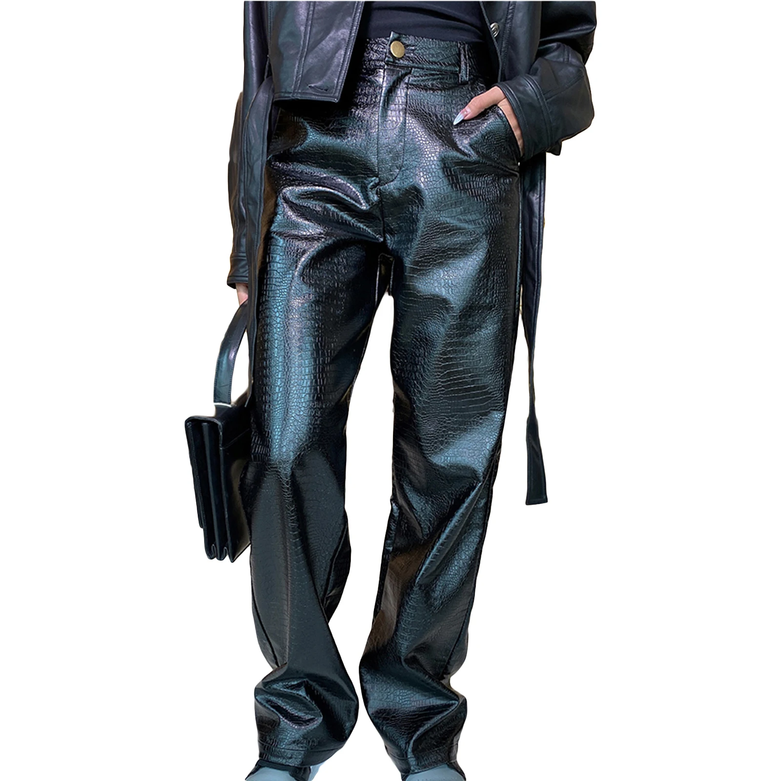 Женские Модные кожаные брюки с высокой талией и боковыми карманами свободные