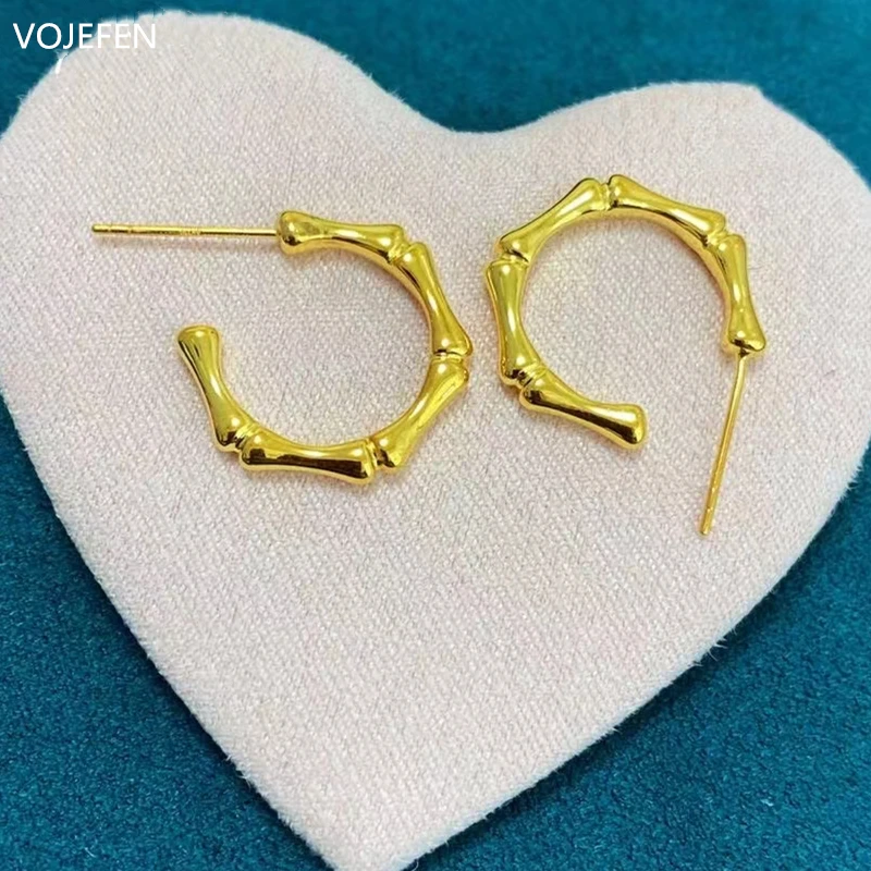 

VOJEFEN AU750 Bamboo Hoop Earring for Women Chunky 18k Yellow Gold Hoops Open C shape Earrings Jewellry for Women Girls