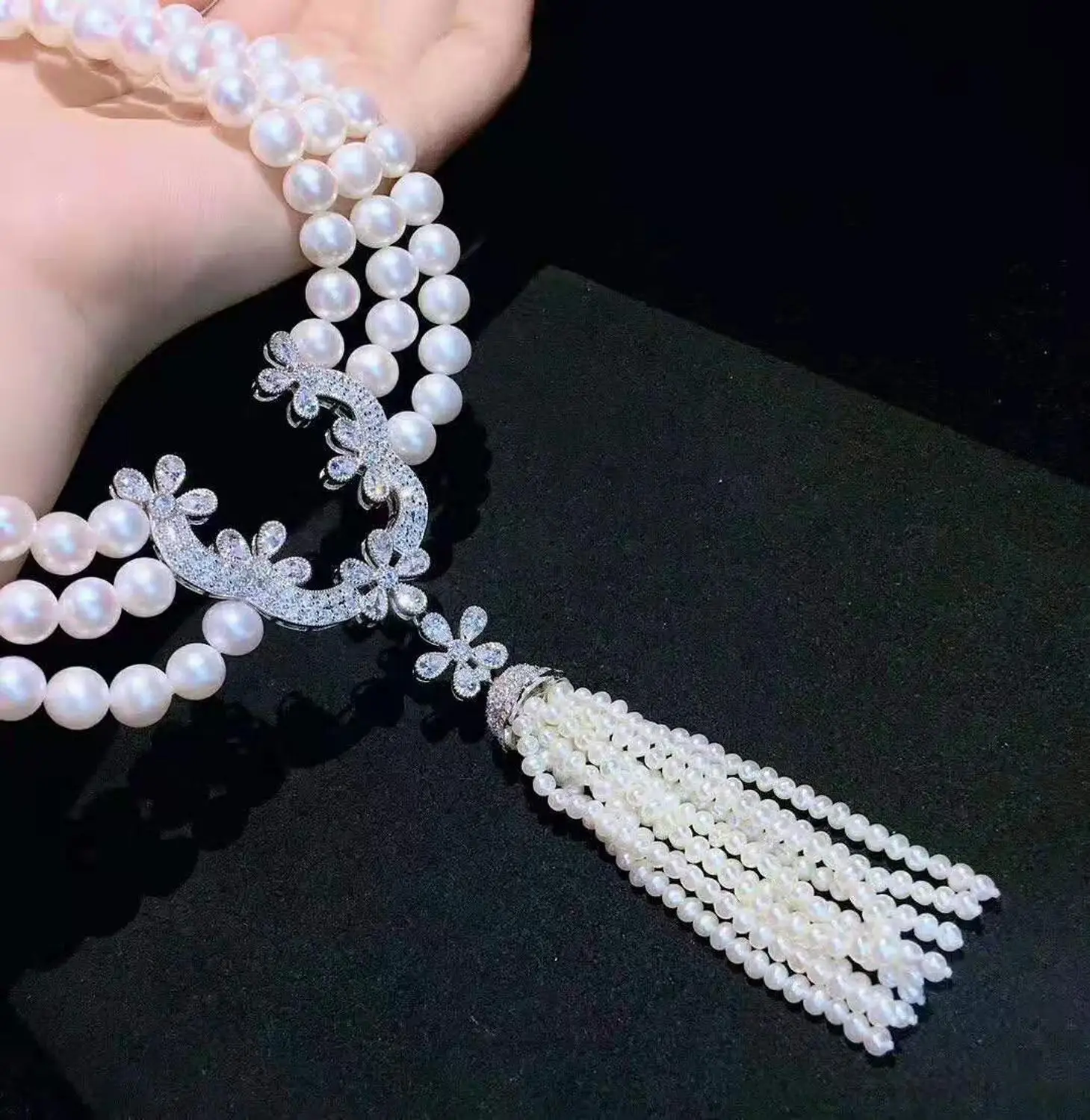 Hand knotted 3strands 8-9mm white freshwater cultured pearl micro inlay zircon accessories necklace long 43-48cm | Украшения и