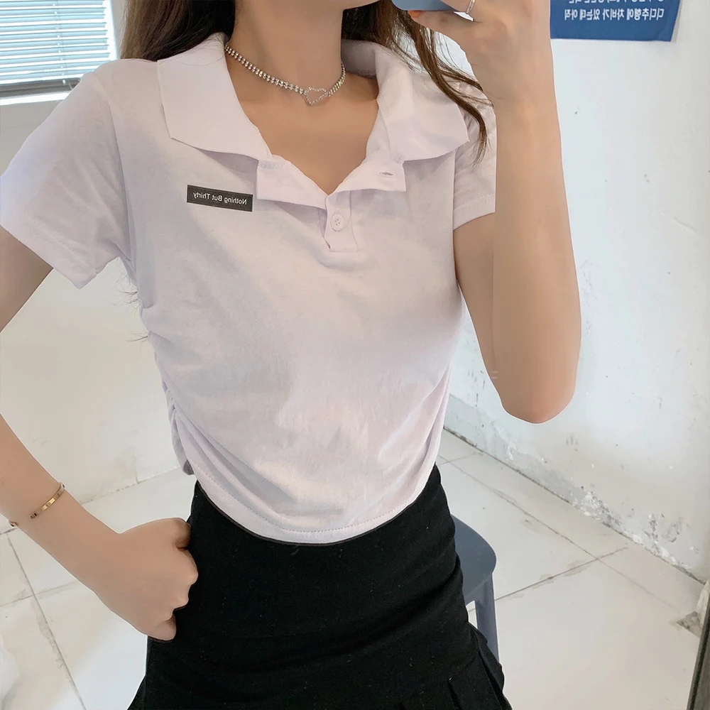 

Футболка женская хлопковая оверсайз, однотонная Базовая рубашка поло, повседневный Свободный Топ с круглым вырезом в Корейском стиле, на ле...