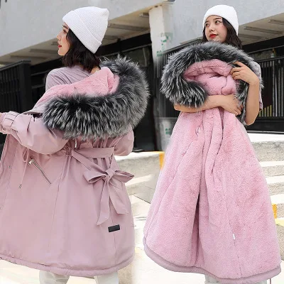 pink Длинная парка, хлопковое пальто для женщин, зимняя новая куртка, уплотненная плюшевая Женская куртка,, большой размер, верхняя одежда с капюшоном, меховой воротник, пуховик - Цвет: pink