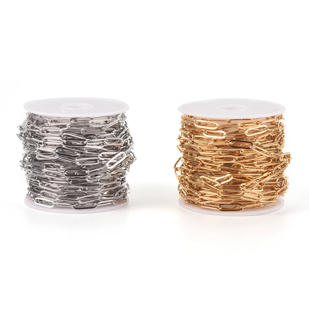 

2 Rolls 304 Stainless Steel Soldered Paperclip Drawn Elongated Cable Chains with Spool For DIY Crafts Jewelry Making 5M/Roll