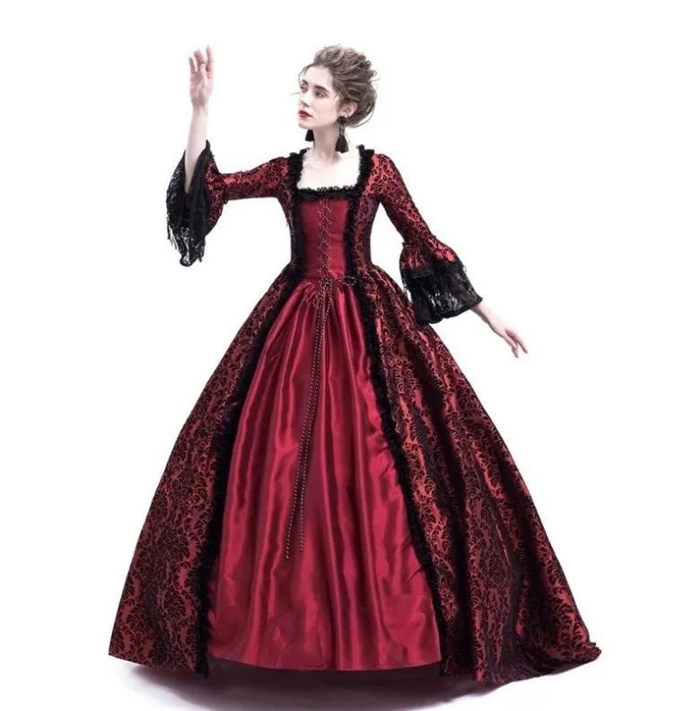 

Mandylandy Spring and Autumn Flare Sleeve Square Collar Medieval Court Dress Women's Vintage Lace Stitching Solid Color Dress