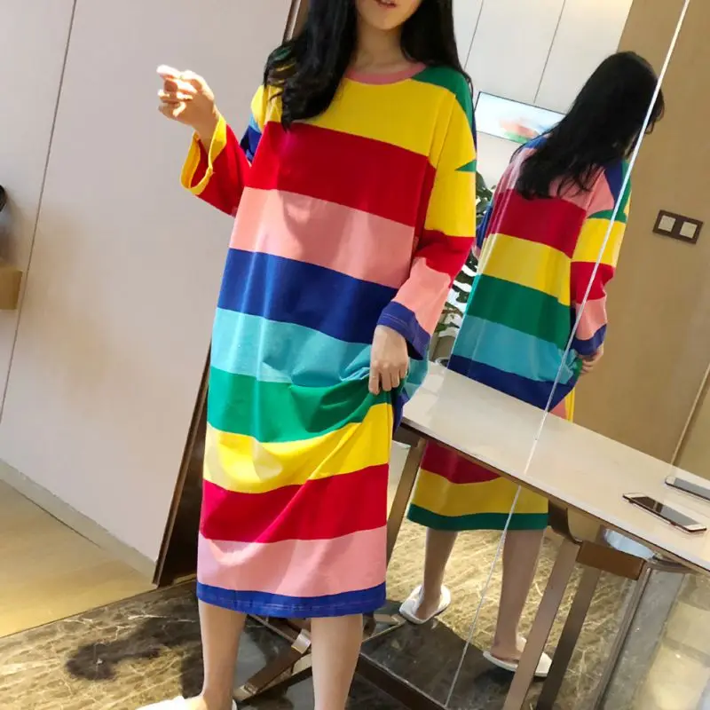 Autumn Winter Ladies Rainbow Striped Loose Long Nightdress Home O Collar Long-sleeved | Женская одежда