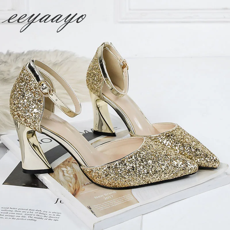 Женские сандалии с ремешком на щиколотке свадебные туфли золотистого цвета