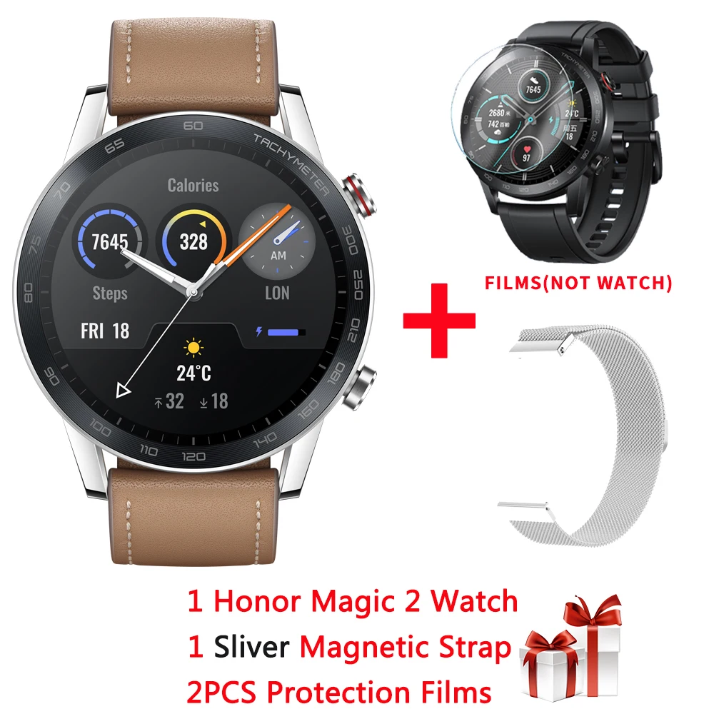 add silver Magnetic Gps+ ГЛОНАСС huawei Honor Magic 2 Смарт-часы 1,3" AMOLED Always-on display 5 АТМ 14 дней Срок службы батареи крови кислородный трекер здоровья - Цвет: add silver Magnetic