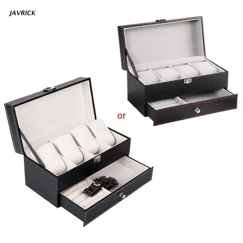 

4 Grids Double Layers Watch Box Case Carbon Fiber PU Watch Jewelry Rings Earrings Display Storage Holder Organizer