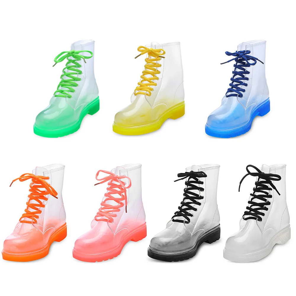 

Women Rain Boots Mature Lady Lace Up Waterproof Lady Shoes Transparent Candy Colors Ankle Outdoor Girl's Shoes Wading galoshoes