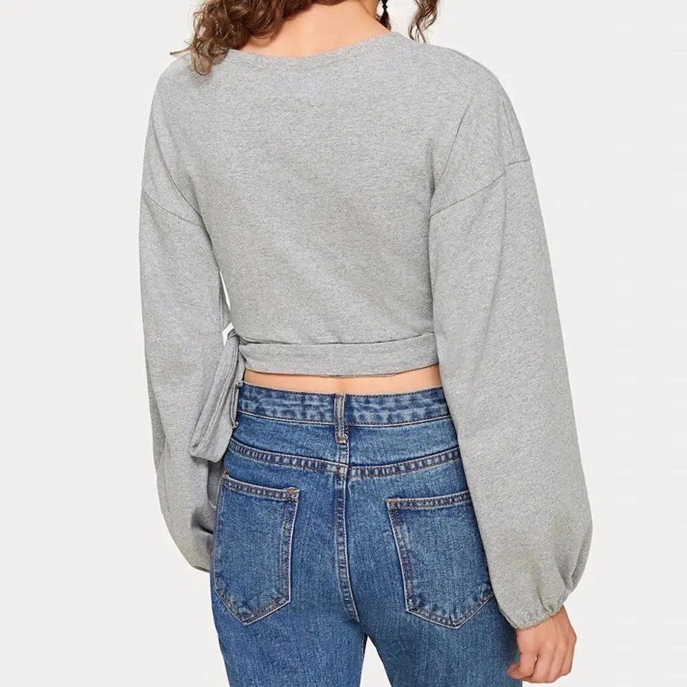 

Casual Womens Blouse Fashion Long Sleeve Sexy V-Neck Lantern Sleeve Bandage Solid Color Short Shirt Sexy Loose Short Blouse #15