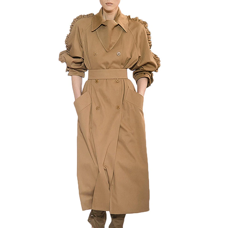 Женский Тренч винтажный с высокой талией двубортный осенний оборками Туника